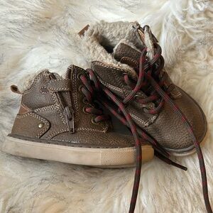 Max and Jake toddler brown winter shoes boots leather lace tie fur inside